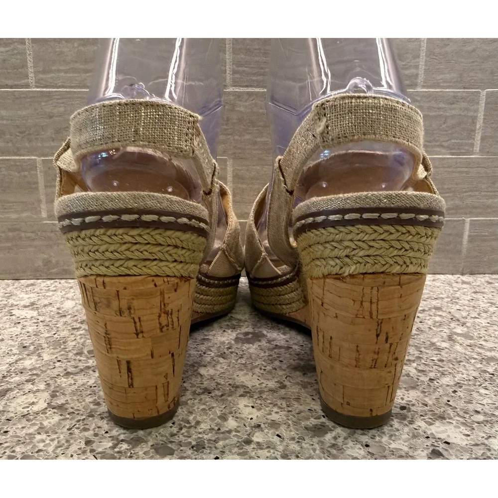 Naturalizer Womens Tan Linen Shimmer Cork Espadrille Wedge Sandals Peep Toe 4in